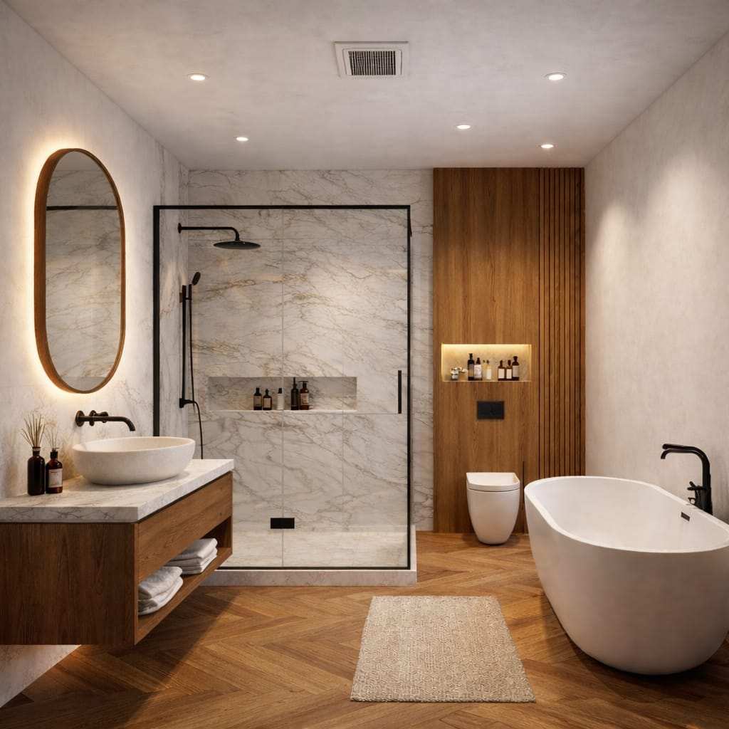 Minimal luxury bathroom interior with wooden flooring, marble walls, freestanding bathtub, glass shower enclosure, and modern minimalist decor.