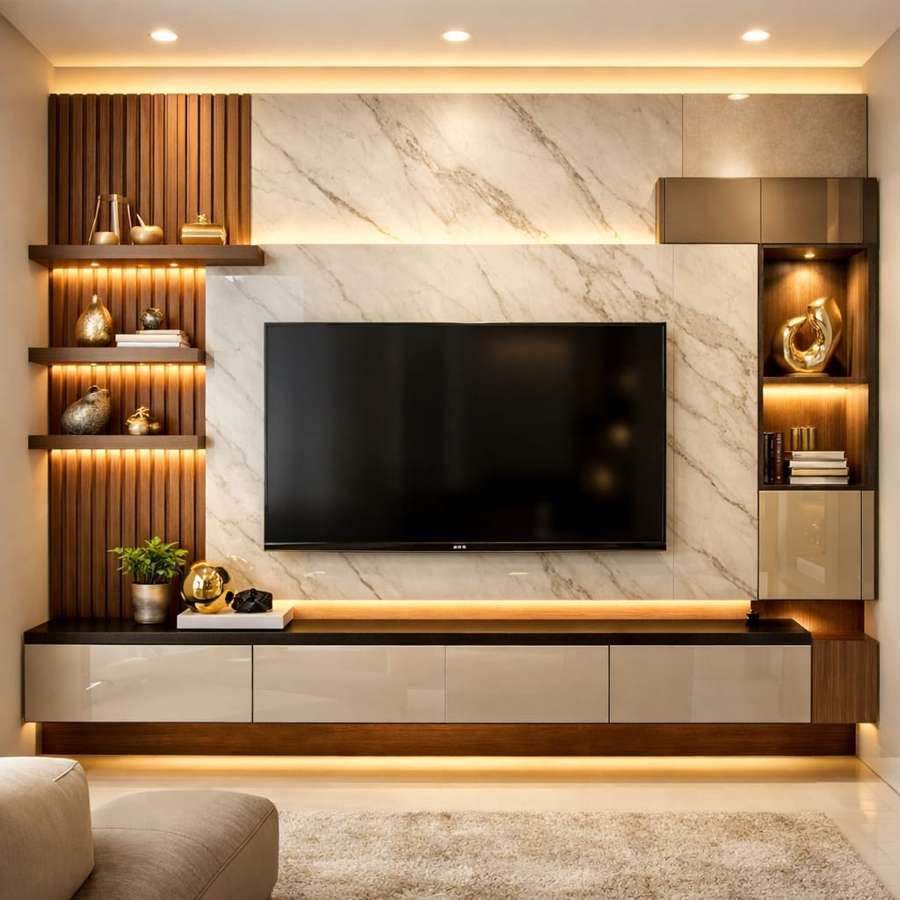 Modern minimalist TV wall unit with marble panel background, wooden slat design, floating cabinets, warm LED lighting, and elegant contemporary living room decor.