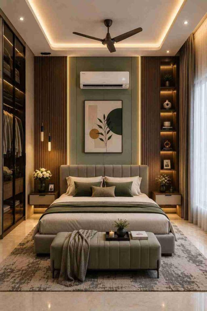 Modern luxury bedroom interior design with upholstered bed, wooden wall panels, warm LED lighting, built-in wardrobe, and elegant decor.