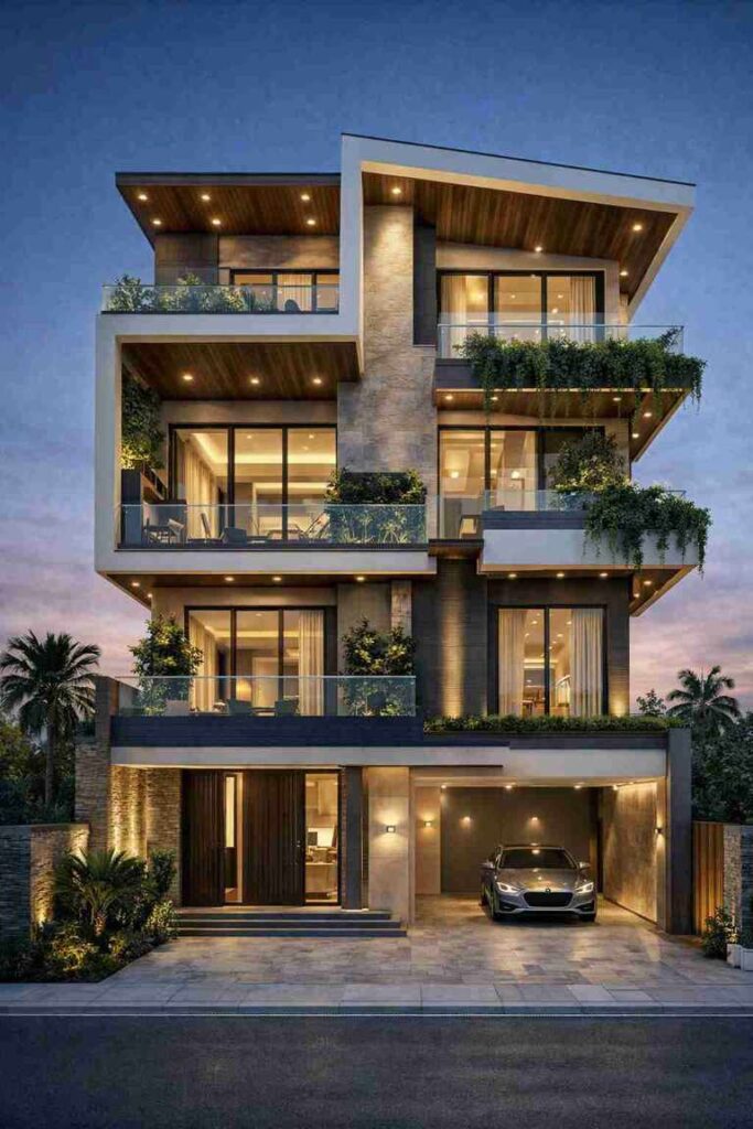 Modern luxury house elevation with glass balconies, stone cladding, wooden ceiling accents, warm exterior lighting, and contemporary front facade.
