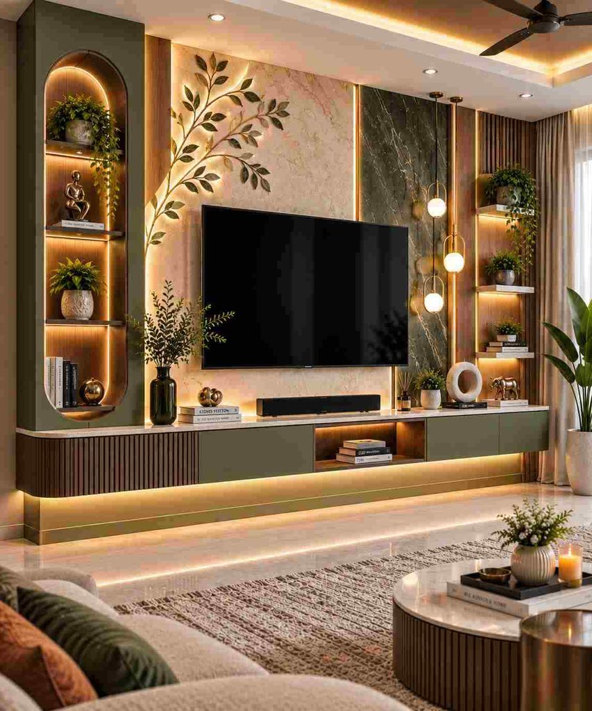 Modern luxury TV wall interior design with warm LED lighting, fluted wood panels, decorative niches, and floating TV console.