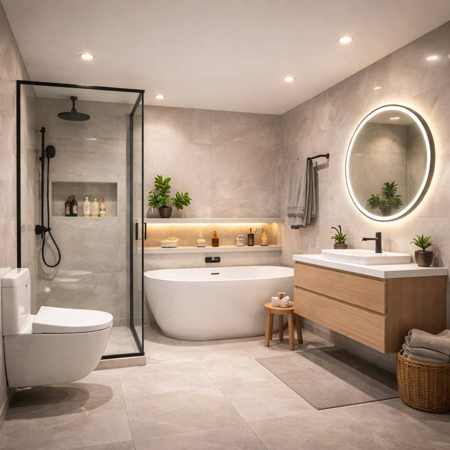 Elegant modern bathroom interior with freestanding bathtub, glass shower cabin, floating wooden vanity, round LED mirror, neutral wall tiles, and luxury minimalist decor.