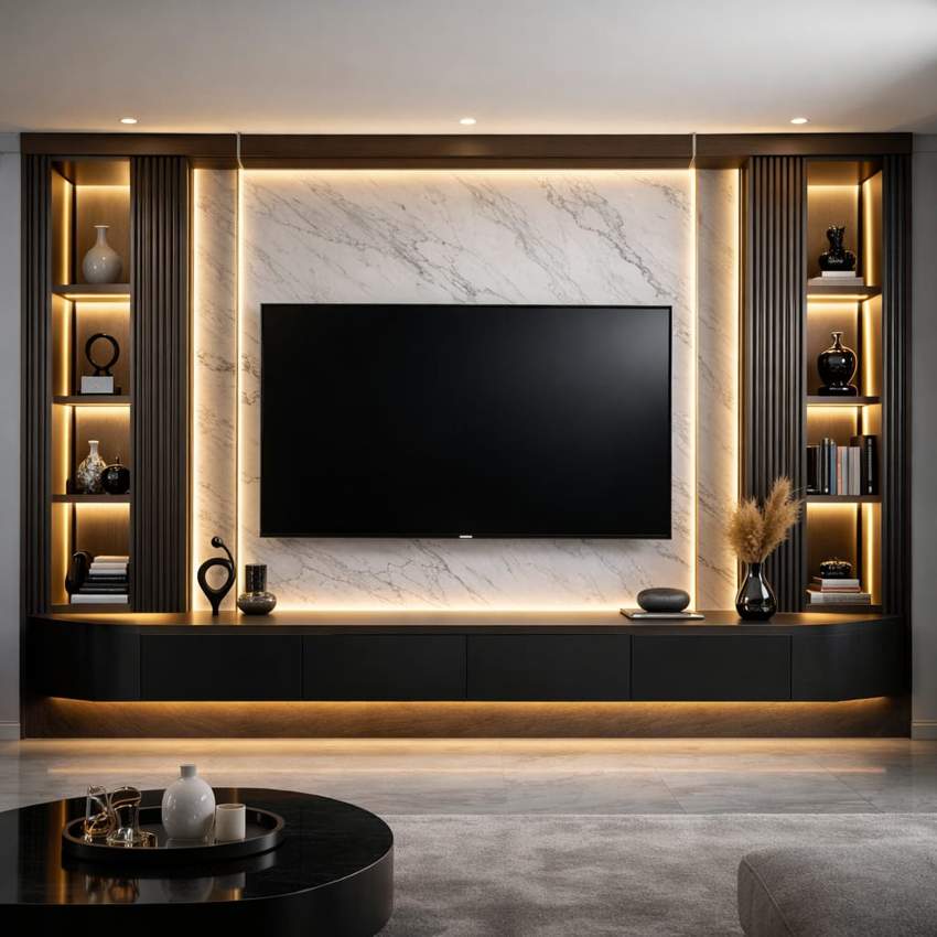 Modern black TV wall panel design with marble backdrop, warm LED lighting, floating entertainment unit, decorative shelves, and elegant contemporary living room décor.