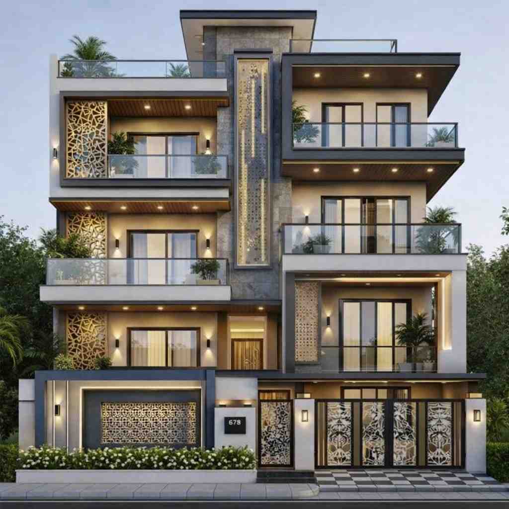 Modern luxury 4 floor house front elevation design with glass balconies, decorative panels, LED exterior lighting, contemporary architecture, stylish gate design, and premium urban home exterior.