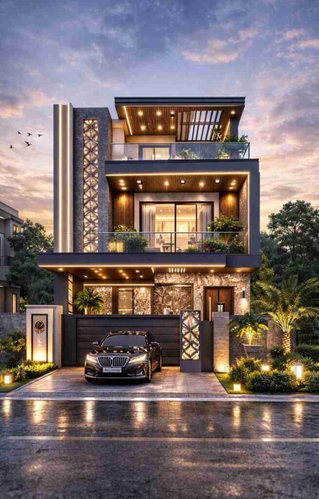 Modern luxury duplex house exterior with LED lighting, glass balconies, stone texture walls, landscaped garden, stylish gate, and contemporary architectural design.