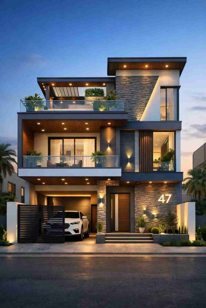 Modern duplex house with glass balcony, stone and wood exterior, warm lighting, car parking area, and stylish front elevation design.
