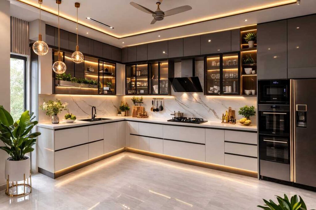 Modern L-shaped luxury kitchen interior with glossy cabinets, marble backsplash, warm LED lighting, pendant lights, built-in appliances, and elegant contemporary décor.