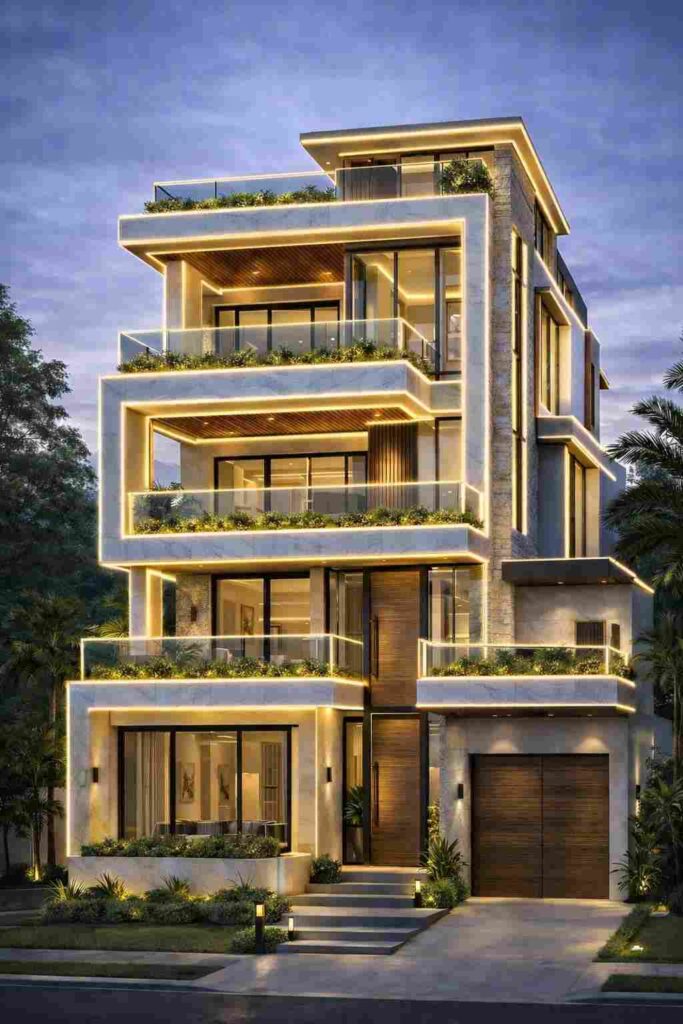 Ultra-modern 3 storey luxury house with LED strip lighting, glass balconies, wooden accents, and contemporary exterior design at night