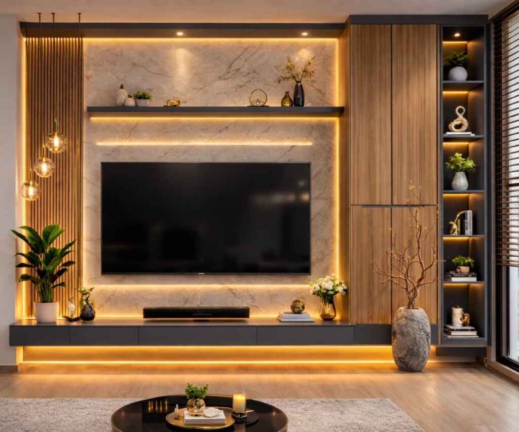Modern LED TV wall unit with marble background, wooden cabinets, floating console, warm ambient lighting, decorative shelves, and contemporary living room interior design.