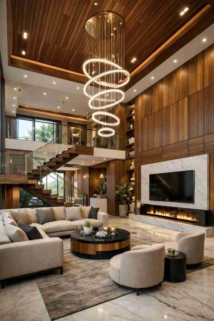 Modern luxury double height living room interior featuring wooden wall panels, spiral chandelier lighting, floating staircase, marble flooring, fireplace TV wall, and elegant contemporary furniture.