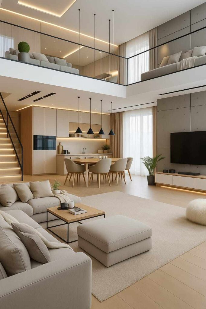 Modern open plan living room with kitchen and dining area, minimalist furniture, neutral colours, double height ceiling, and stylish lighting design.