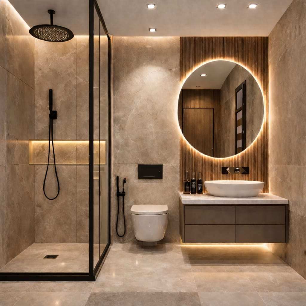 Modern luxury bathroom interior with LED round mirror, glass shower enclosure, floating vanity, warm lighting, and elegant minimalist decor.