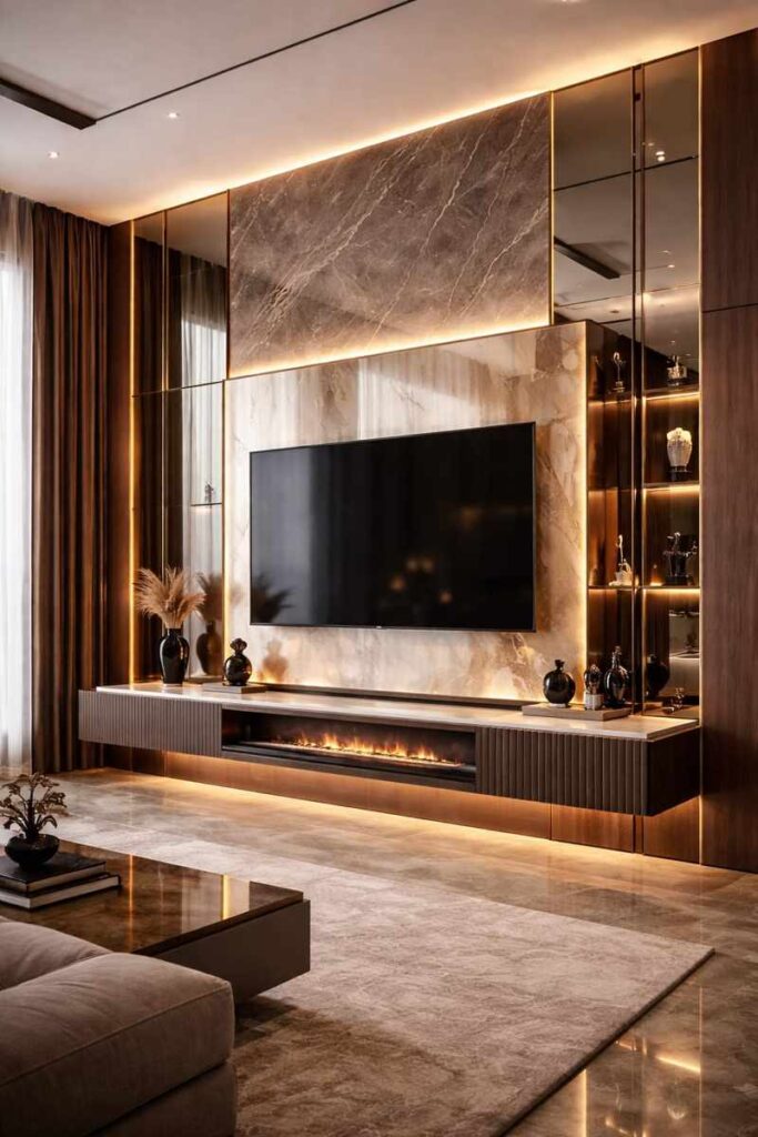 Modern luxury TV wall unit with marble panel, warm LED lighting, floating console, built-in fireplace, and elegant contemporary living room interior.