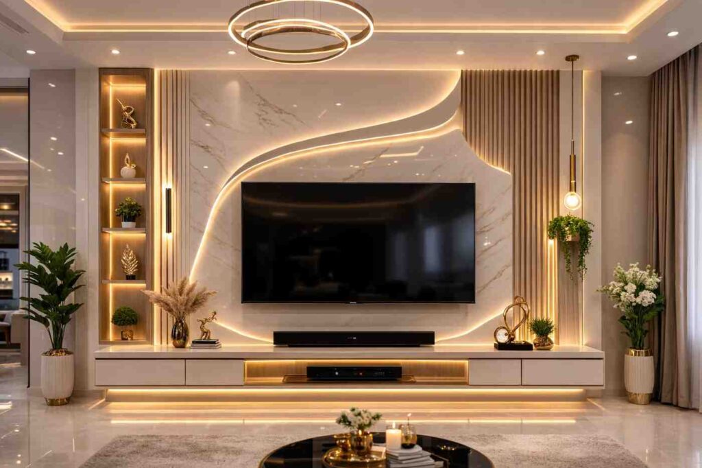 Modern luxury LED TV wall panel with marble texture, curved lighting design, floating cabinet, wooden fluted panels, and elegant contemporary living room decor.