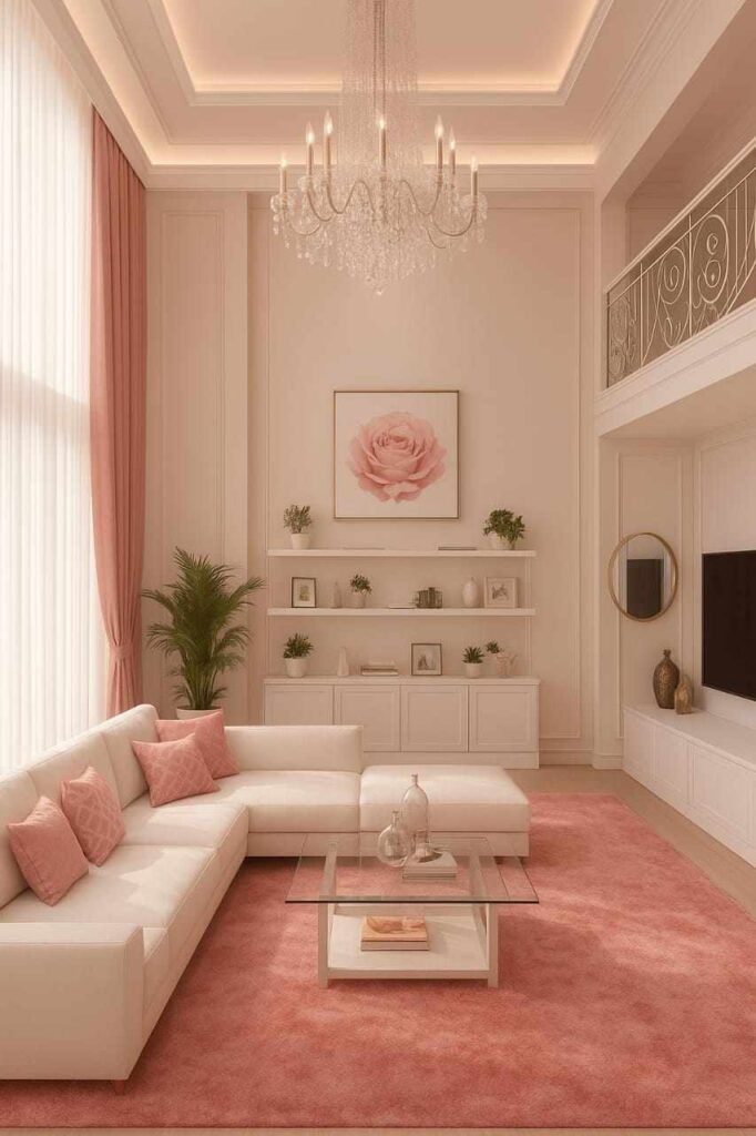 Soft pink luxury living room with white sofa, pastel decor, elegant chandelier, glass coffee table, and minimal modern interior design.