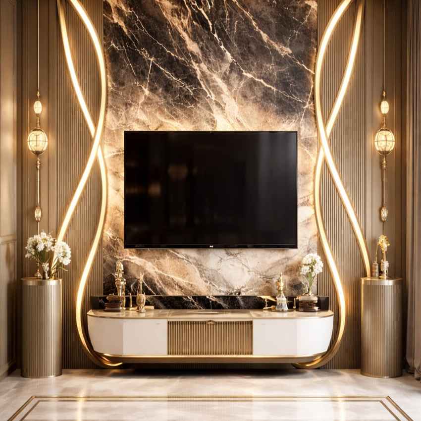Ultra luxury marble TV wall panel design with golden LED curves, dramatic marble backdrop, floating console unit, elegant décor, and premium contemporary living room interior.