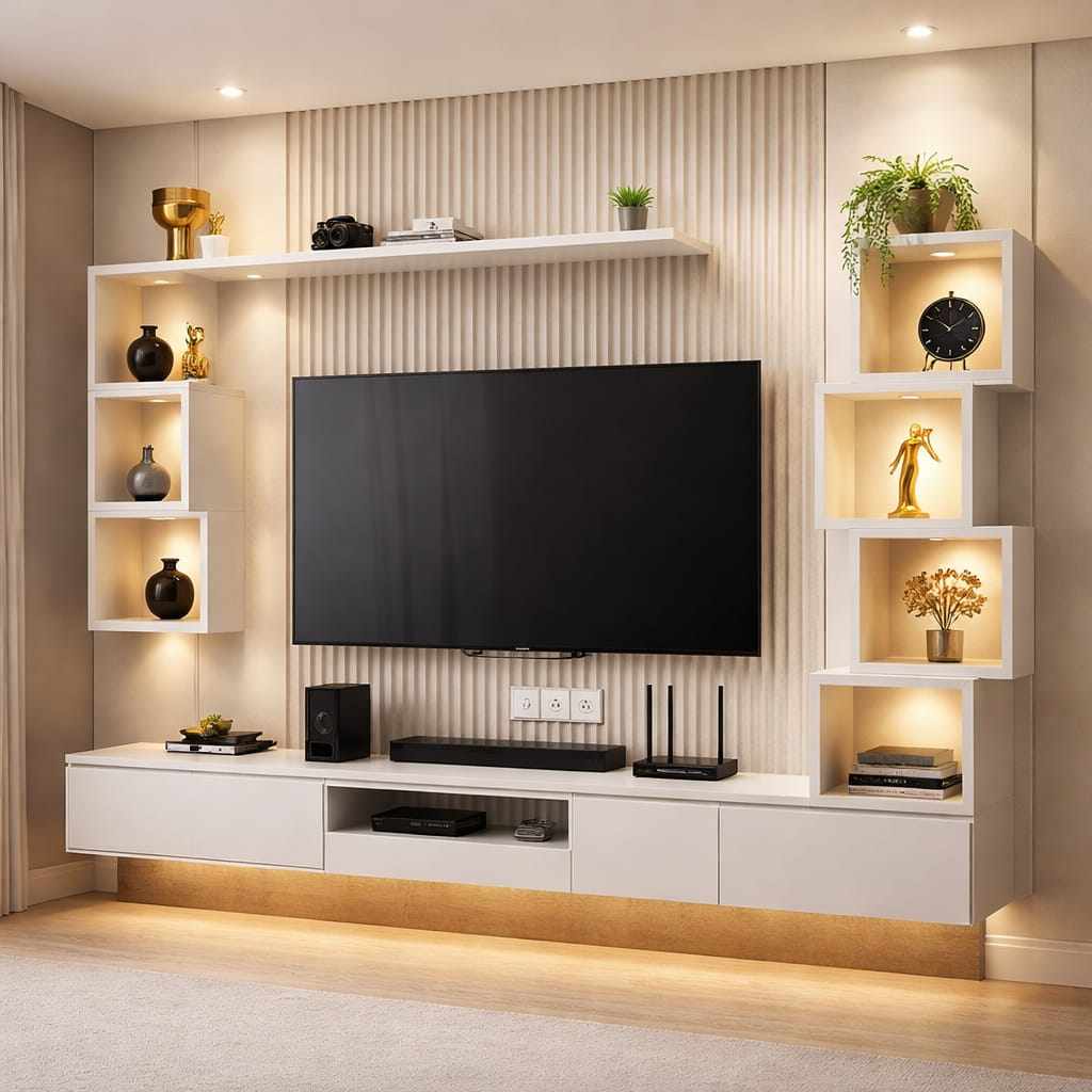 Modern minimalist TV wall design with floating white cabinet, LED display shelves, textured wall panels, decorative lighting, and contemporary living room interior.