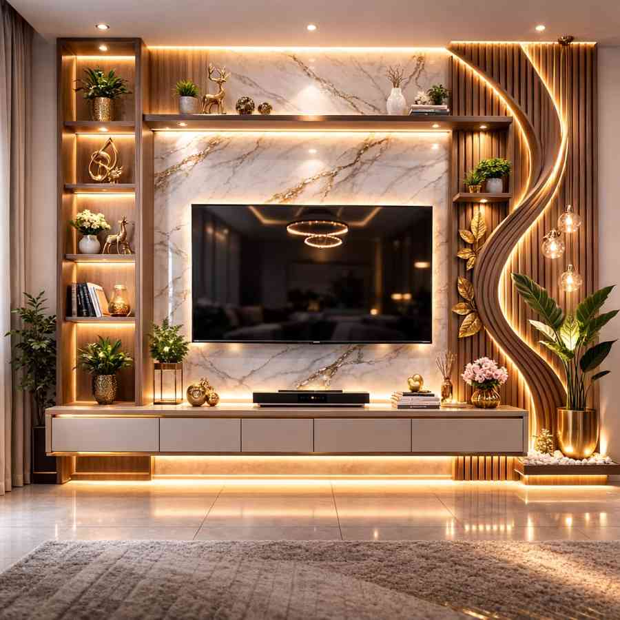 Modern luxury TV wall panel design with marble finish, warm LED lighting, floating cabinet, wooden texture panels, and elegant living room decor.