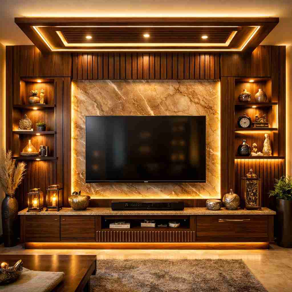 Luxury wooden TV wall panel design with marble background, warm LED lighting, decorative shelves, and modern living room interior.