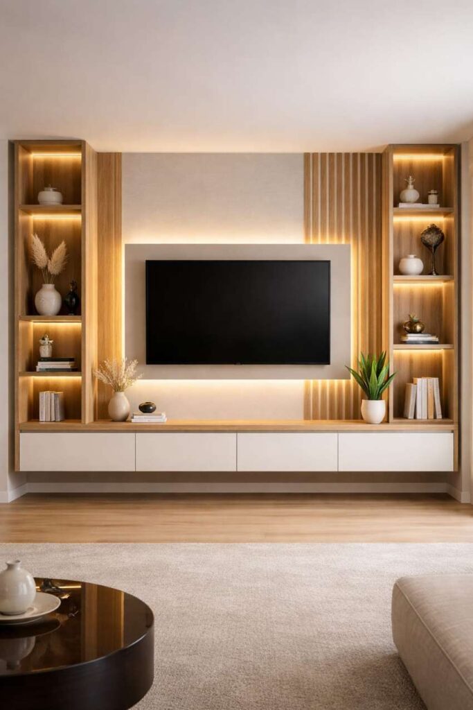 Modern wooden TV wall panel design with floating TV unit, warm LED lighting, decorative shelves, minimal décor, and elegant contemporary living room interior.