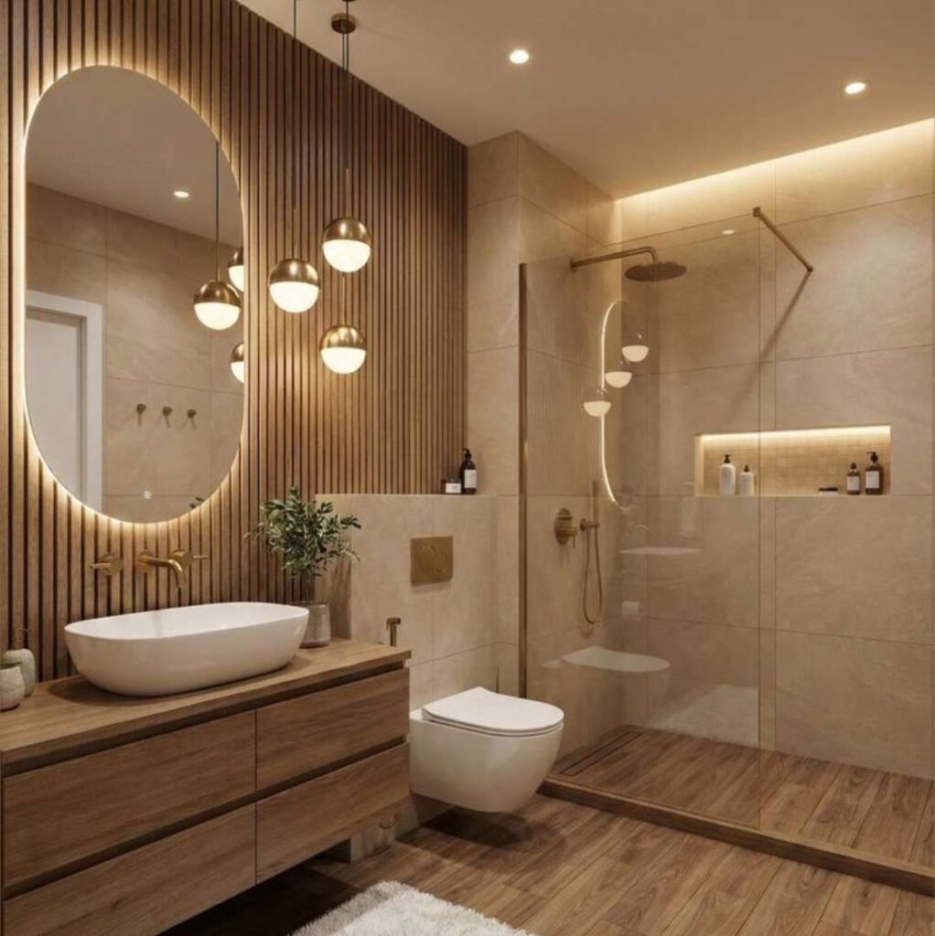 Modern warm-tone bathroom interior with wooden wall panels, oval LED mirror, glass shower enclosure, floating vanity, and elegant contemporary decor.