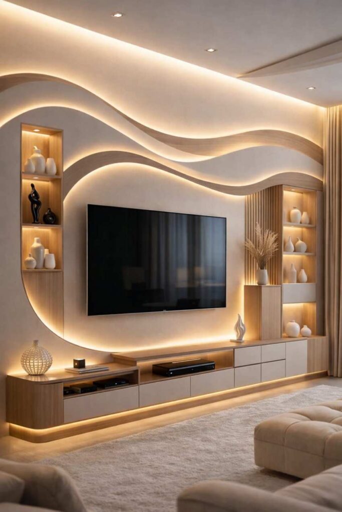 Modern wave style TV wall panel design with curved wooden patterns, warm LED lighting, floating entertainment unit, decorative shelves, and elegant contemporary living room décor.