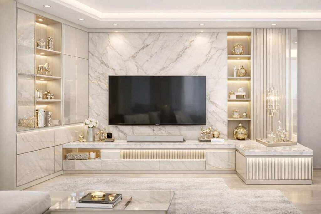 Modern white marble TV wall panel design with warm LED lighting, floating entertainment unit, decorative display shelves, glossy finishes, and luxury contemporary living room décor.
