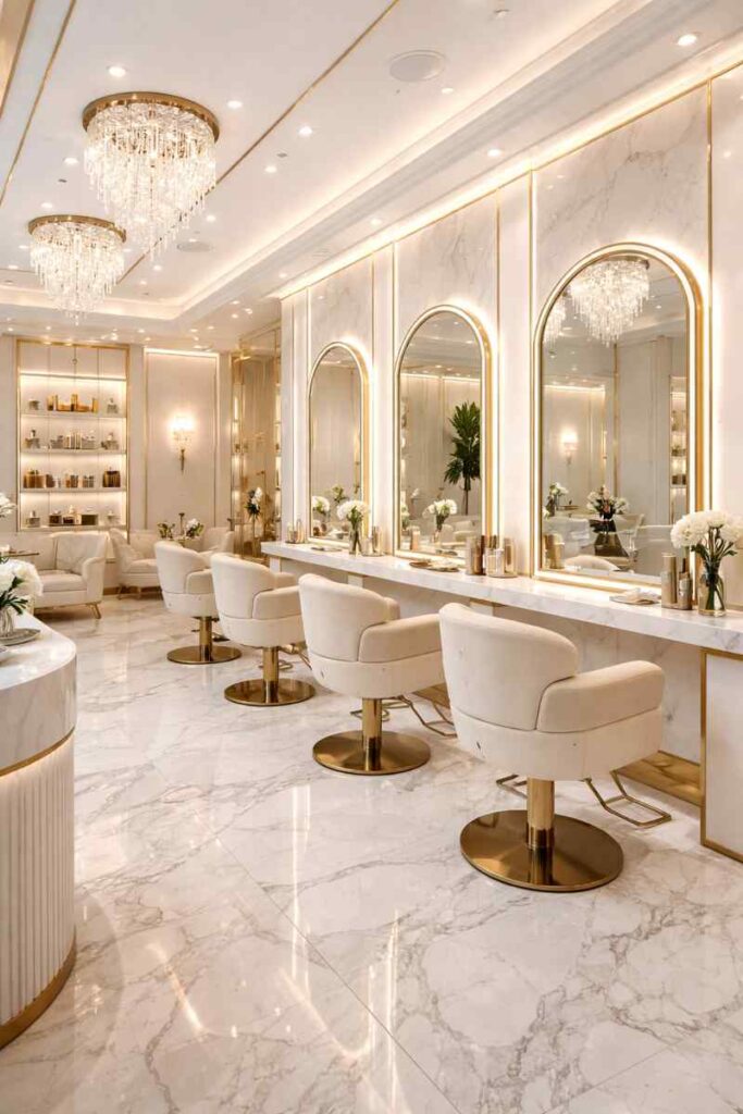 Elegant luxury salon interior featuring white marble flooring, gold accents, crystal chandeliers, LED arched mirrors, premium salon chairs, and modern beauty studio décor.