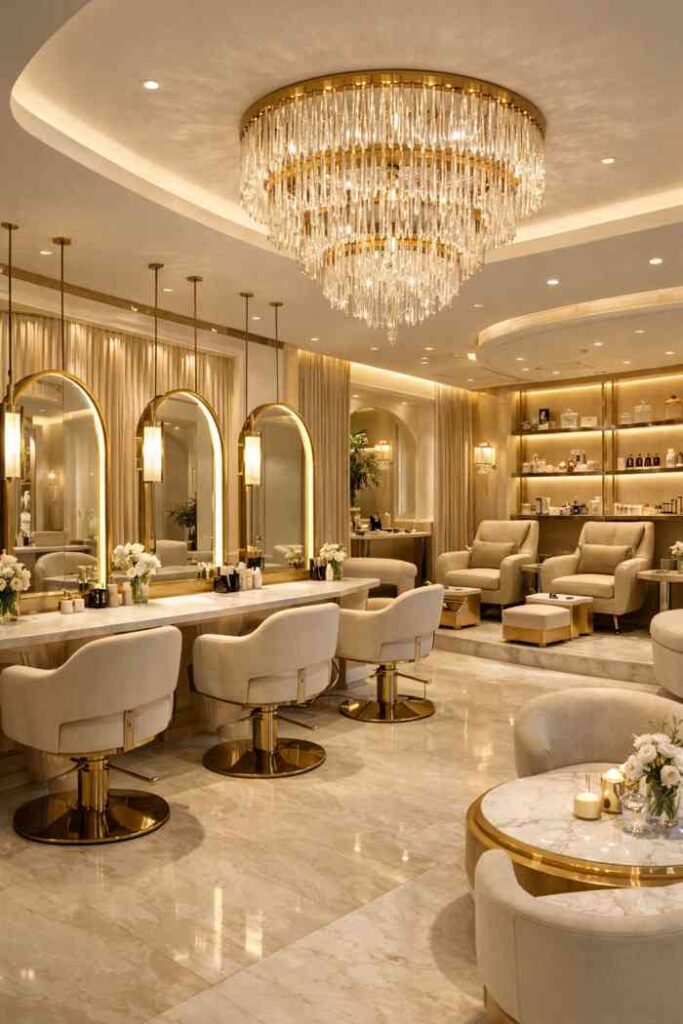 Modern luxury salon interior with crystal chandelier, gold framed mirrors, marble flooring, premium salon chairs, elegant beauty studio décor, and warm ambient lighting.