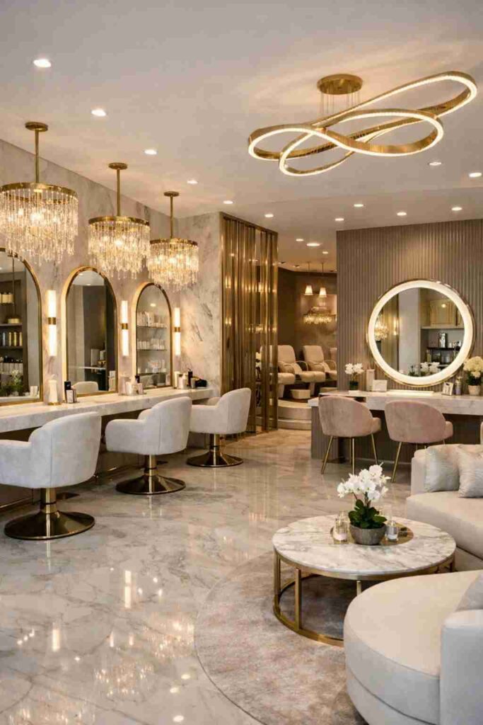 Luxury modern salon interior featuring marble flooring, gold décor accents, crystal pendant lights, round LED mirrors, elegant salon chairs, and premium beauty studio design.
