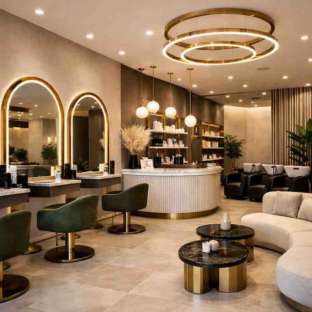Stylish modern salon interior with gold framed mirrors, luxury ring lighting, elegant reception desk, premium salon chairs, cozy lounge seating, and contemporary beauty studio décor.