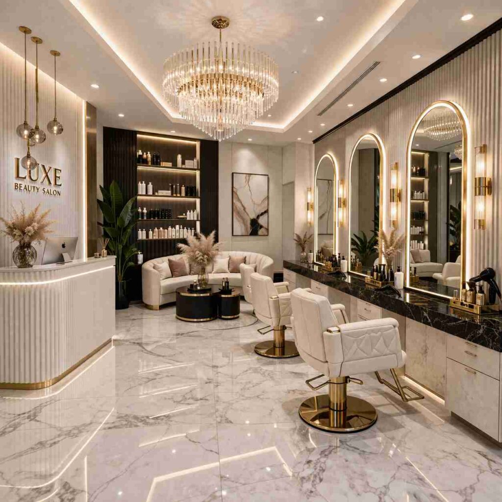 Luxury beauty salon interior with marble flooring, crystal chandelier, gold accents, LED arched mirrors, elegant salon chairs, stylish reception desk, and modern premium décor.