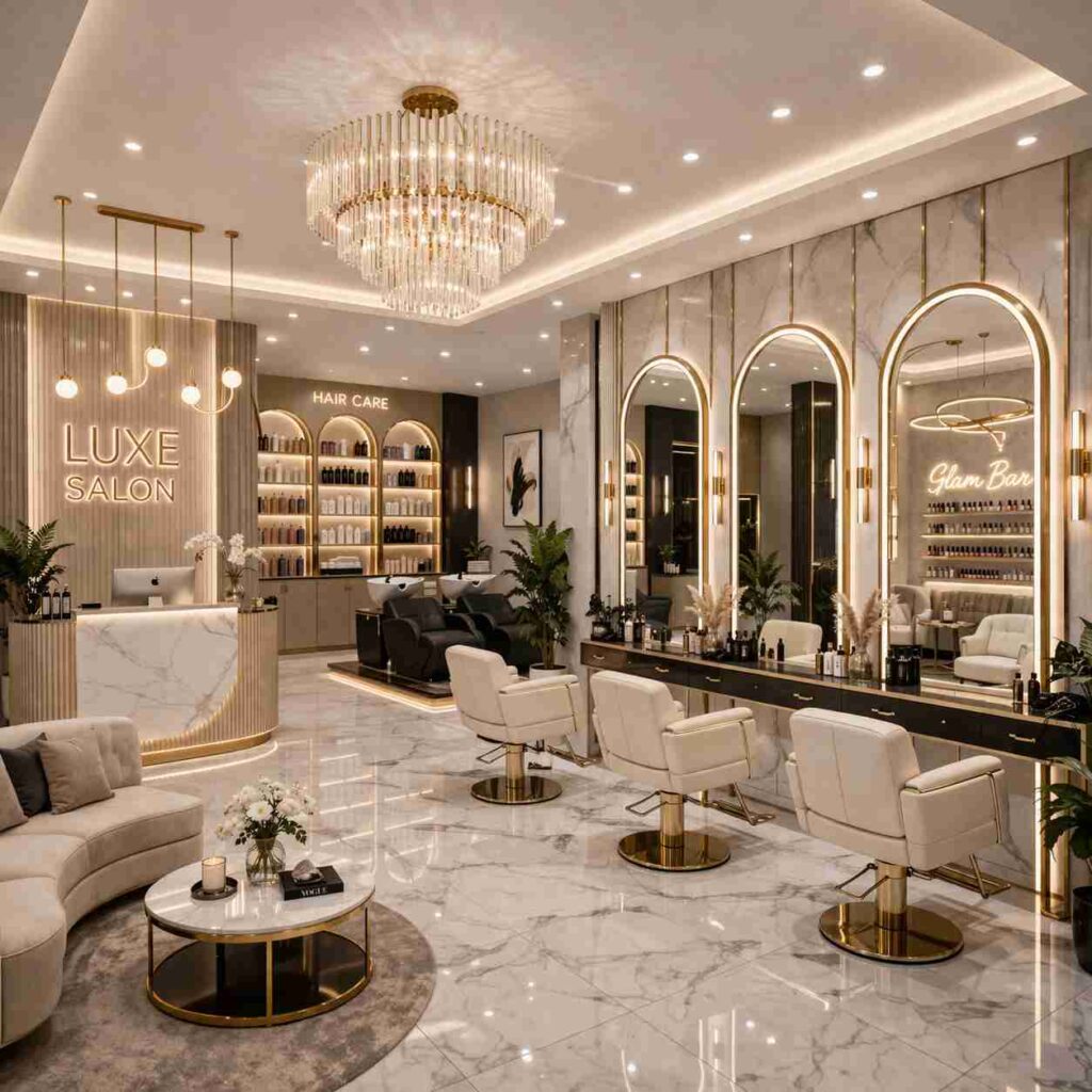 Modern luxury salon interior with marble flooring, crystal chandelier, gold framed mirrors, stylish salon chairs, elegant reception desk, and premium beauty studio décor.