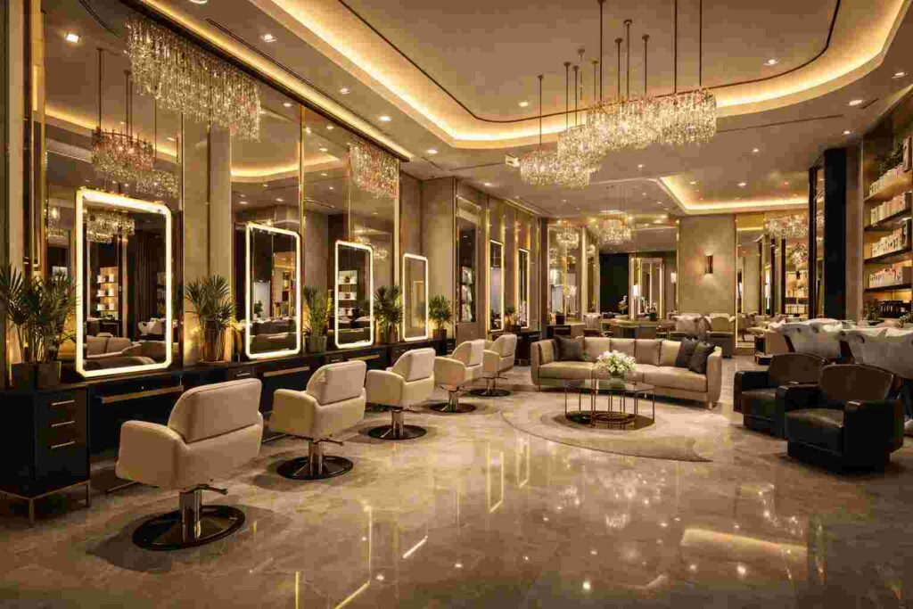 Ultra luxury salon interior with crystal chandeliers, illuminated mirrors, marble flooring, premium salon chairs, elegant lounge seating, and glamorous modern beauty studio décor.