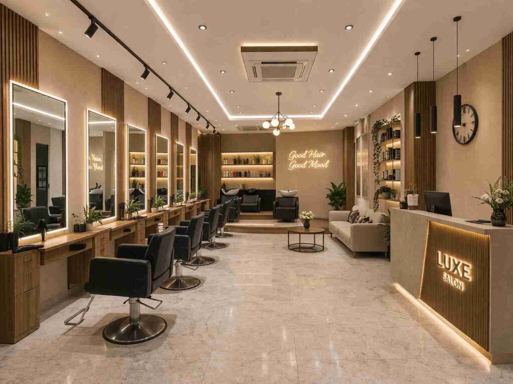 Modern minimalist salon interior with LED mirrors, wooden styling stations, warm lighting, elegant reception desk, premium salon chairs, and contemporary beauty studio décor.