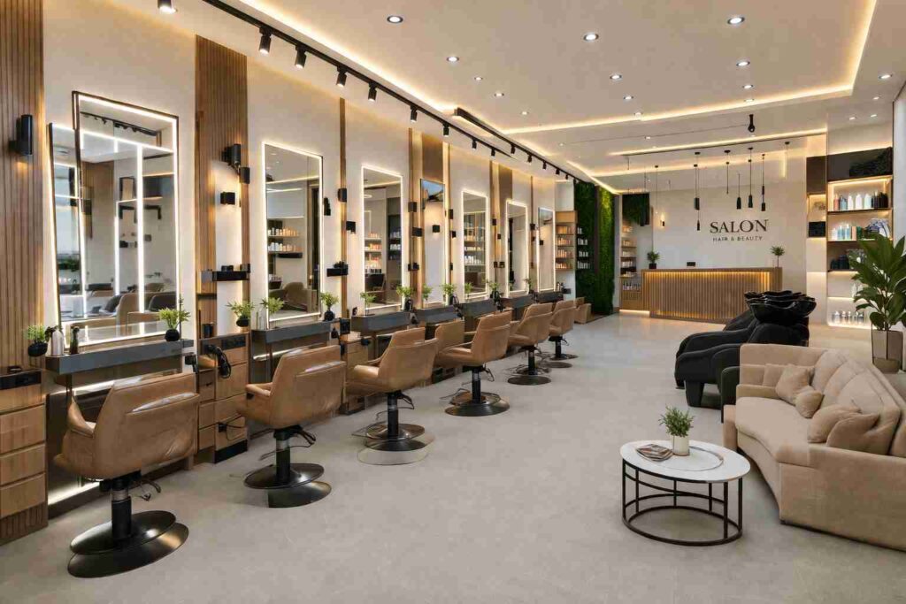 Contemporary luxury salon interior with LED styling mirrors, premium salon chairs, warm lighting, elegant reception desk, cozy lounge seating, and modern beauty studio décor.