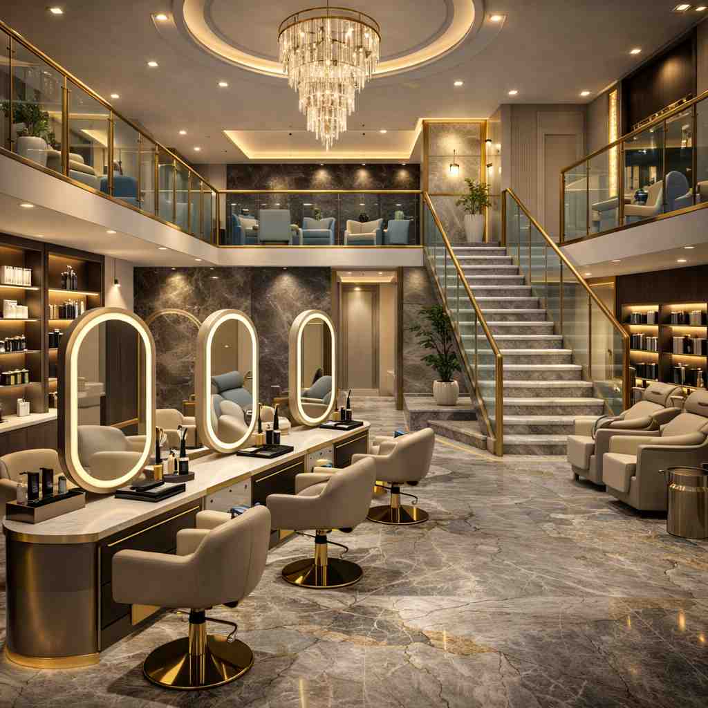 Grand luxury salon interior with double-height ceiling, crystal chandelier, marble flooring, illuminated oval mirrors, premium salon chairs, modern staircase, and elegant beauty studio décor.