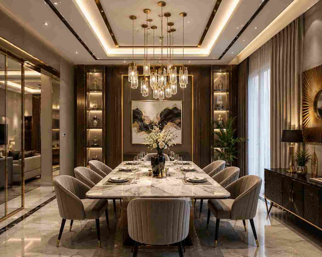 Modern luxury dining room interior with marble dining table, elegant upholstered chairs, designer pendant lights, wooden wall panels, warm ambient lighting, and contemporary premium home decor.