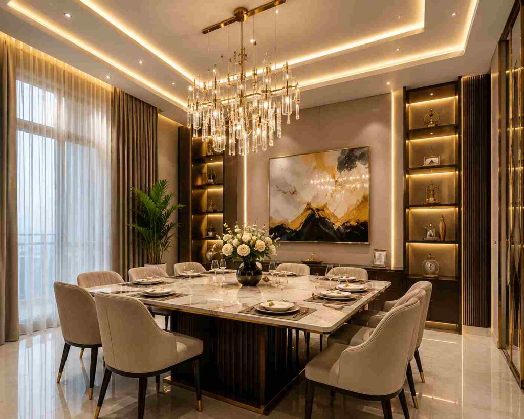 Contemporary luxury dining room interior with marble dining table, crystal chandelier, elegant upholstered chairs, warm LED lighting, decorative shelves, and modern premium home decor.