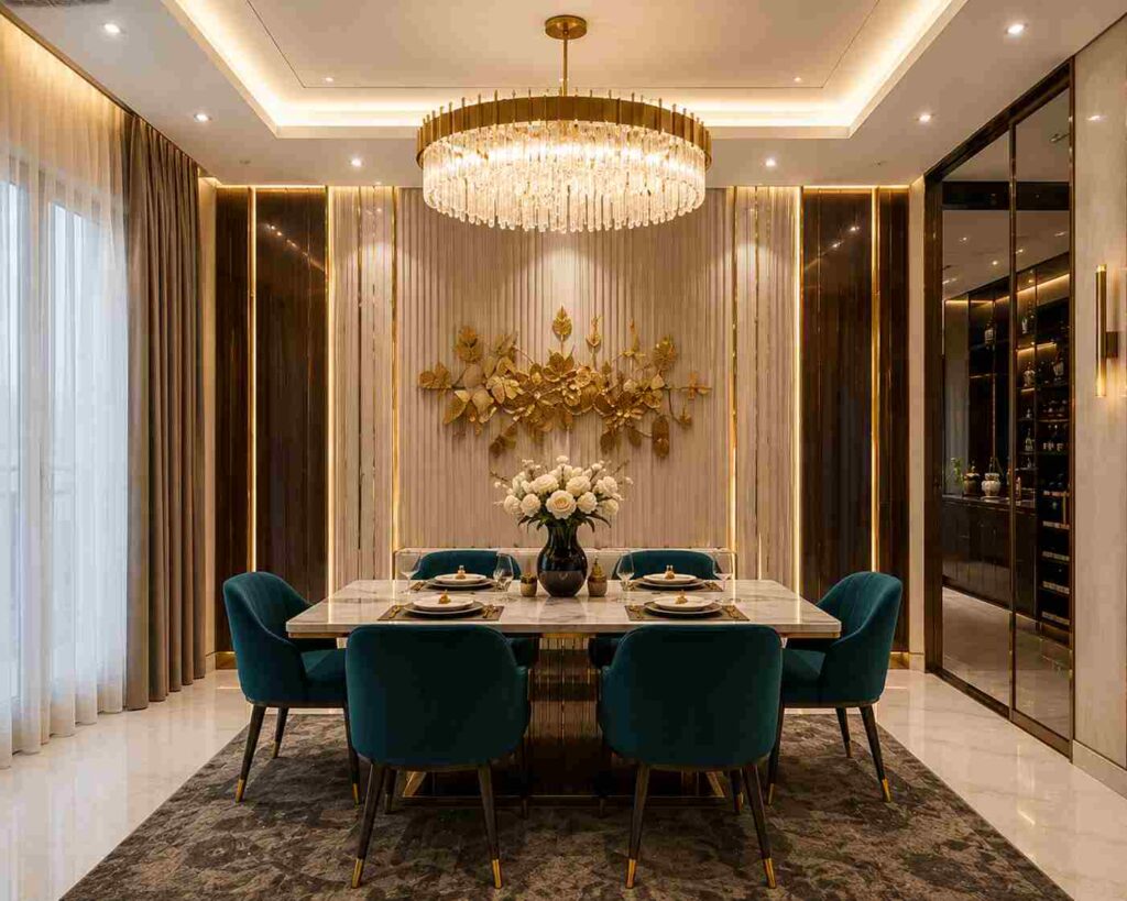 Elegant modern luxury dining room with crystal chandelier, marble dining table, teal velvet chairs, golden wall decor, warm LED lighting, and premium contemporary interior design.
