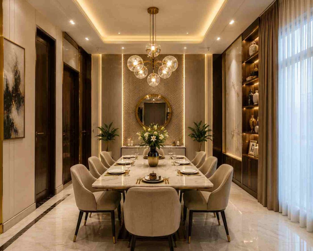 Minimal modern luxury dining room interior with marble dining table, globe pendant chandelier, upholstered chairs, warm LED lighting, decorative shelves, and elegant contemporary home decor.