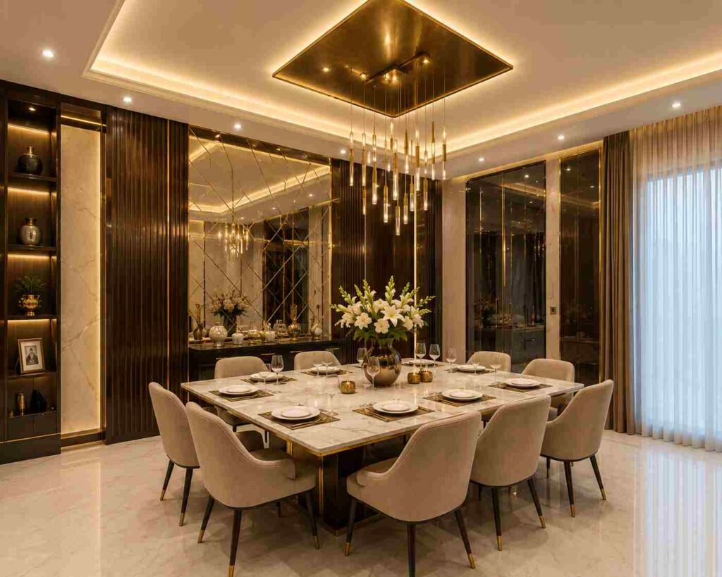 Premium modern dining room interior with marble dining table, elegant upholstered chairs, designer pendant chandelier, golden accents, mirrored wall panels, and luxurious contemporary home decor.