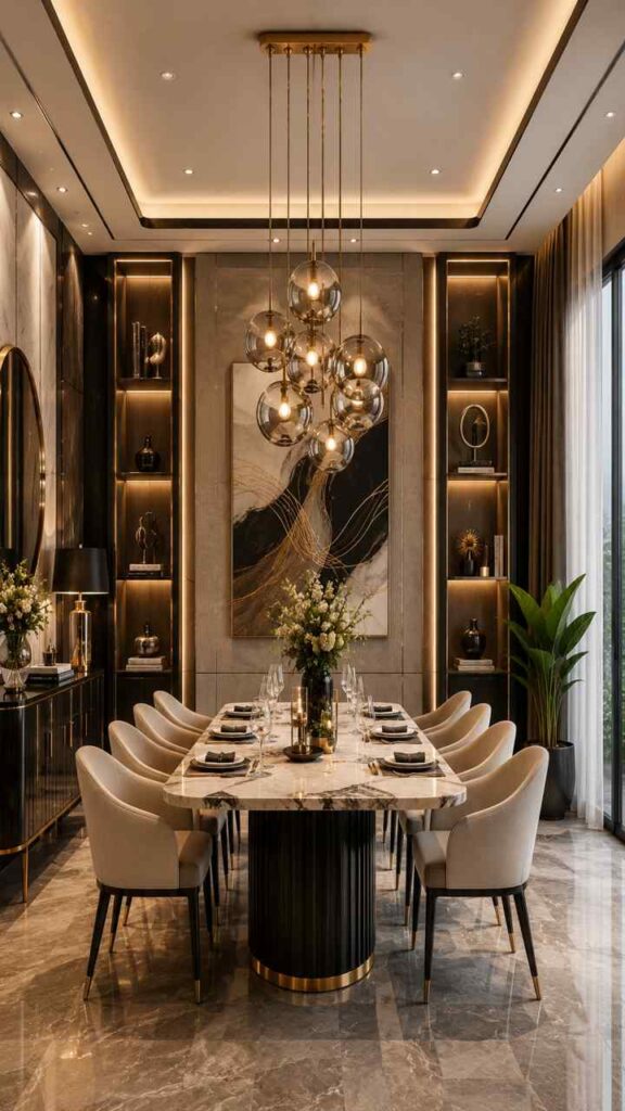 Luxury contemporary dining room interior with marble dining table, modern glass pendant lights, upholstered chairs, warm LED shelf lighting, dark wall panels, and elegant modern home decor.