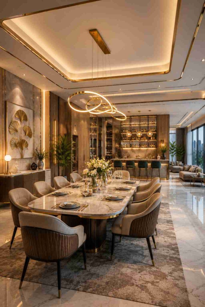 Ultra luxury open dining room interior with marble dining table, modern ring chandelier, upholstered dining chairs, elegant open bar area, warm LED lighting, and premium contemporary home decor.
