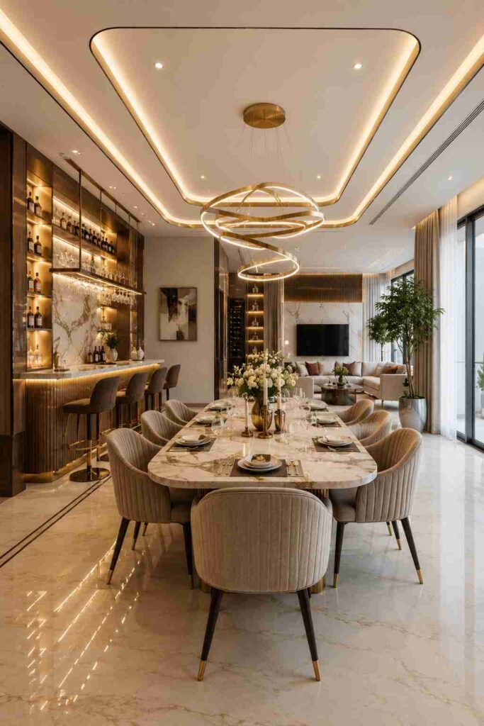 Modern luxury open dining room interior with marble dining table, spiral LED chandelier, elegant upholstered chairs, stylish bar counter, warm ambient lighting, and premium contemporary home decor.
