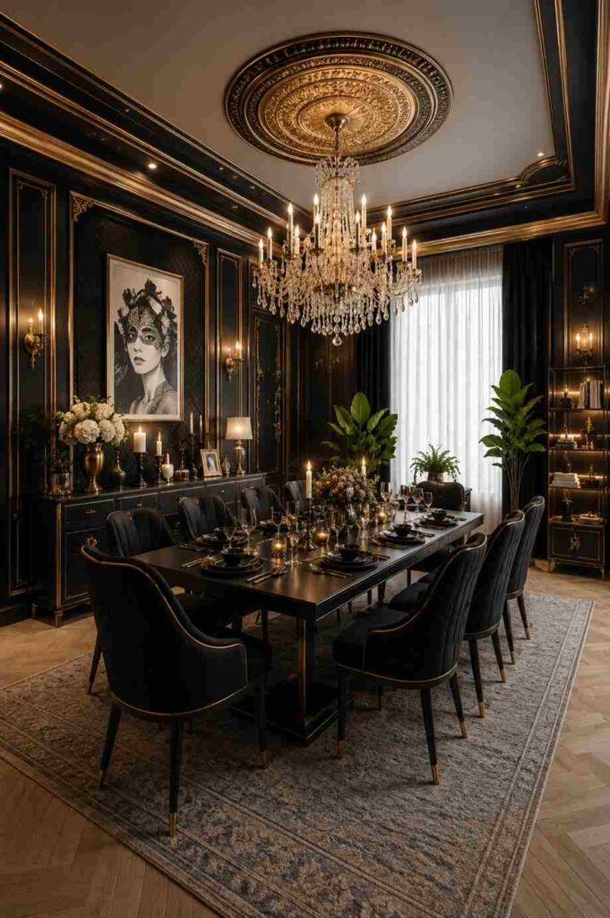 Royal classic luxury dining room interior with crystal chandelier, dark black dining furniture, ornate ceiling design, golden accents, candle lighting, and elegant vintage-inspired home decor.