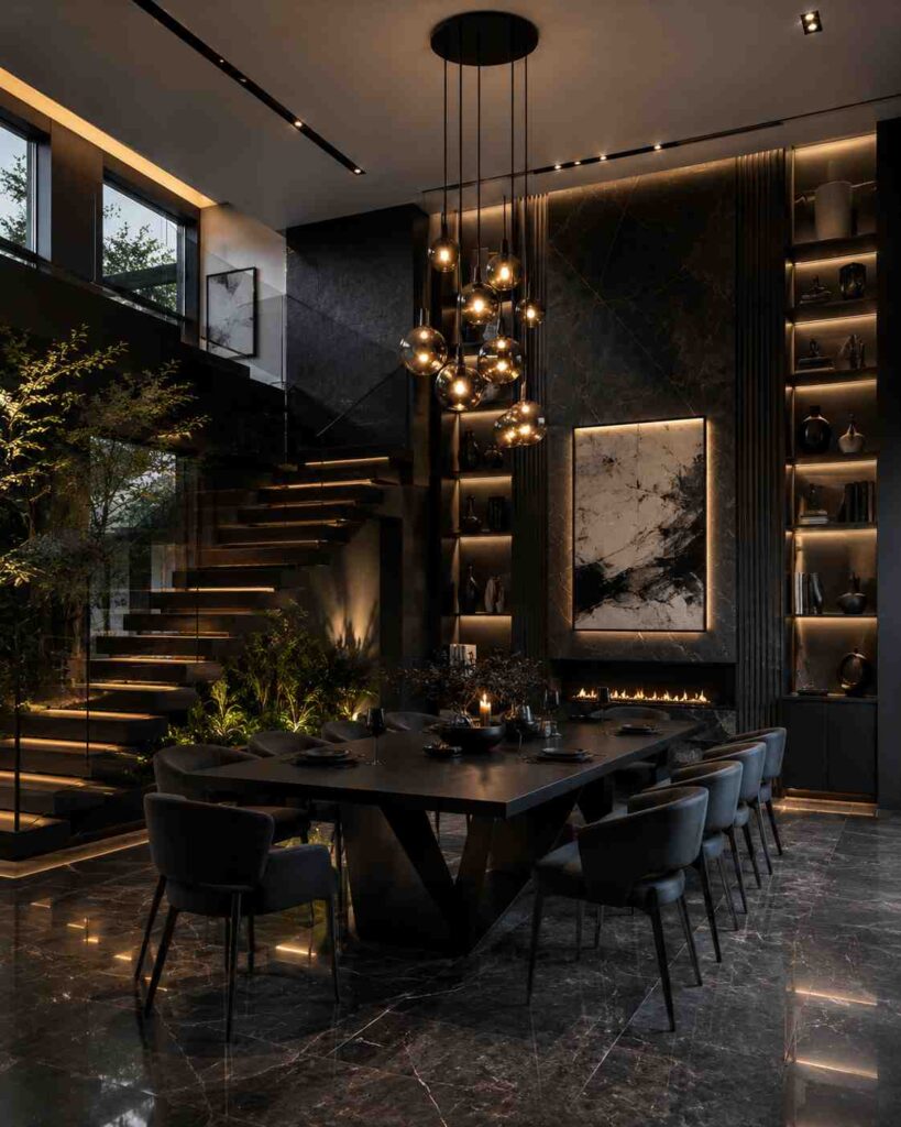Modern dark luxury dining room interior with black dining table, designer pendant lights, floating staircase, dark marble flooring, warm LED lighting, and elegant contemporary home decor.