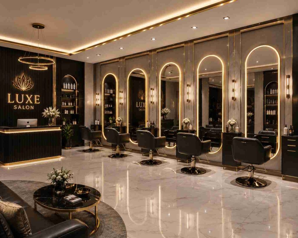 Modern luxury salon interior design with black and gold decor, LED arch mirrors, marble flooring, stylish salon chairs, reception desk, and premium lighting setup.