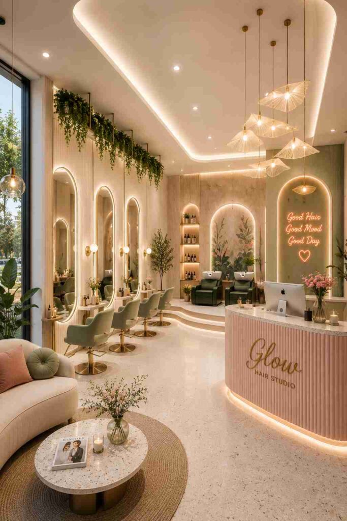 Modern luxury hair salon interior with curved LED mirrors, pastel salon chairs, elegant reception desk, warm lighting, decorative plants, and premium beauty studio decor.