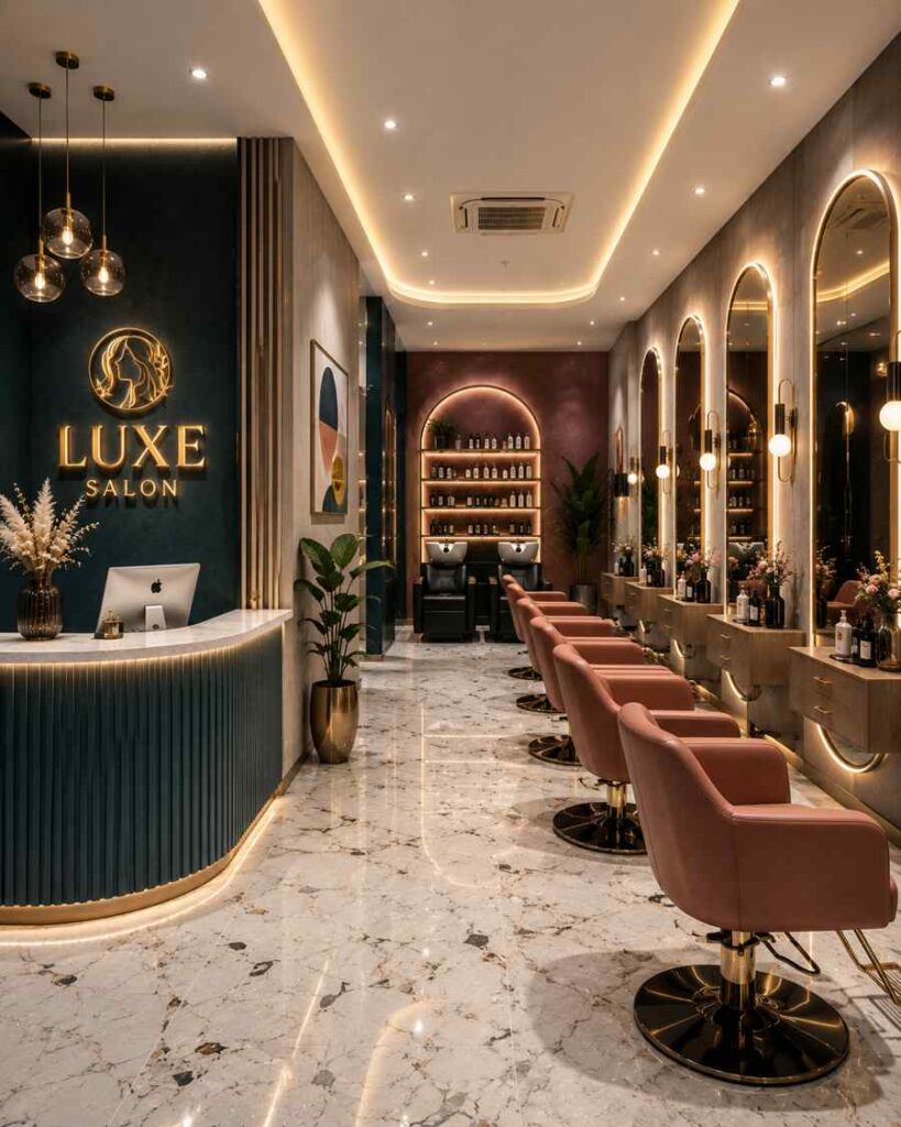 Luxury salon interior design with marble flooring, gold lighting, stylish pink salon chairs, modern reception desk, LED mirrors, and elegant beauty studio decor.
